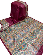 Pink Pure Tussar Silk Hand Painted Madhubani Saree
