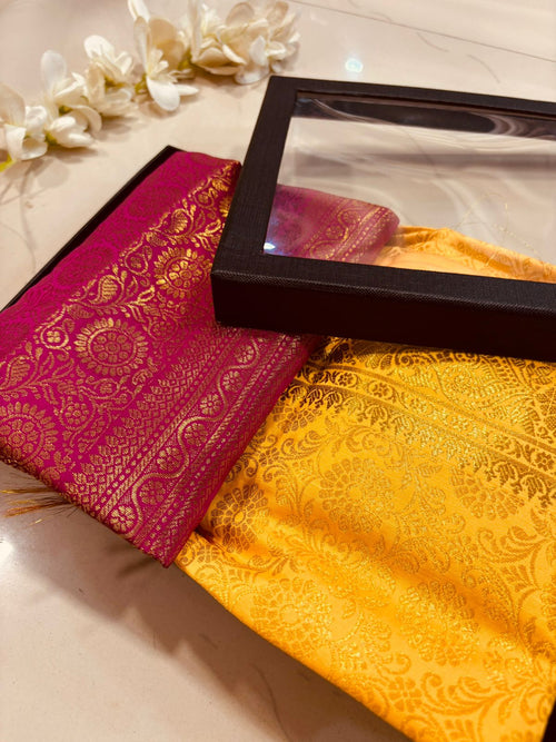 Premium Pink and Yellow Banarasi Silk Fashion Stole Gift Set of Two Stylish Wrap for Festive | College | Casual | Night Parties - Luxurion World