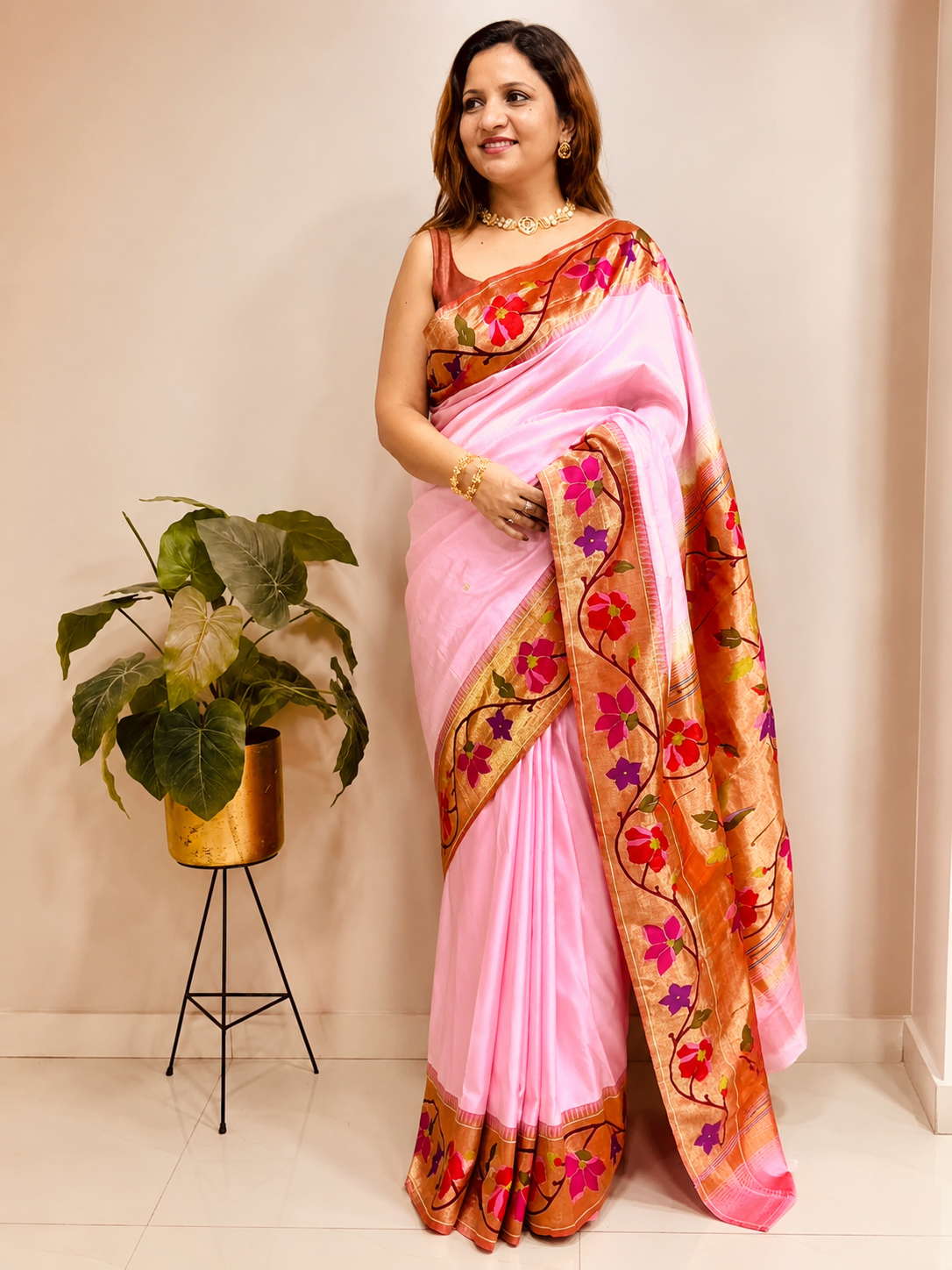 Pink Paithani Handloom Heirloom Pure Silk Saree Flower Design
