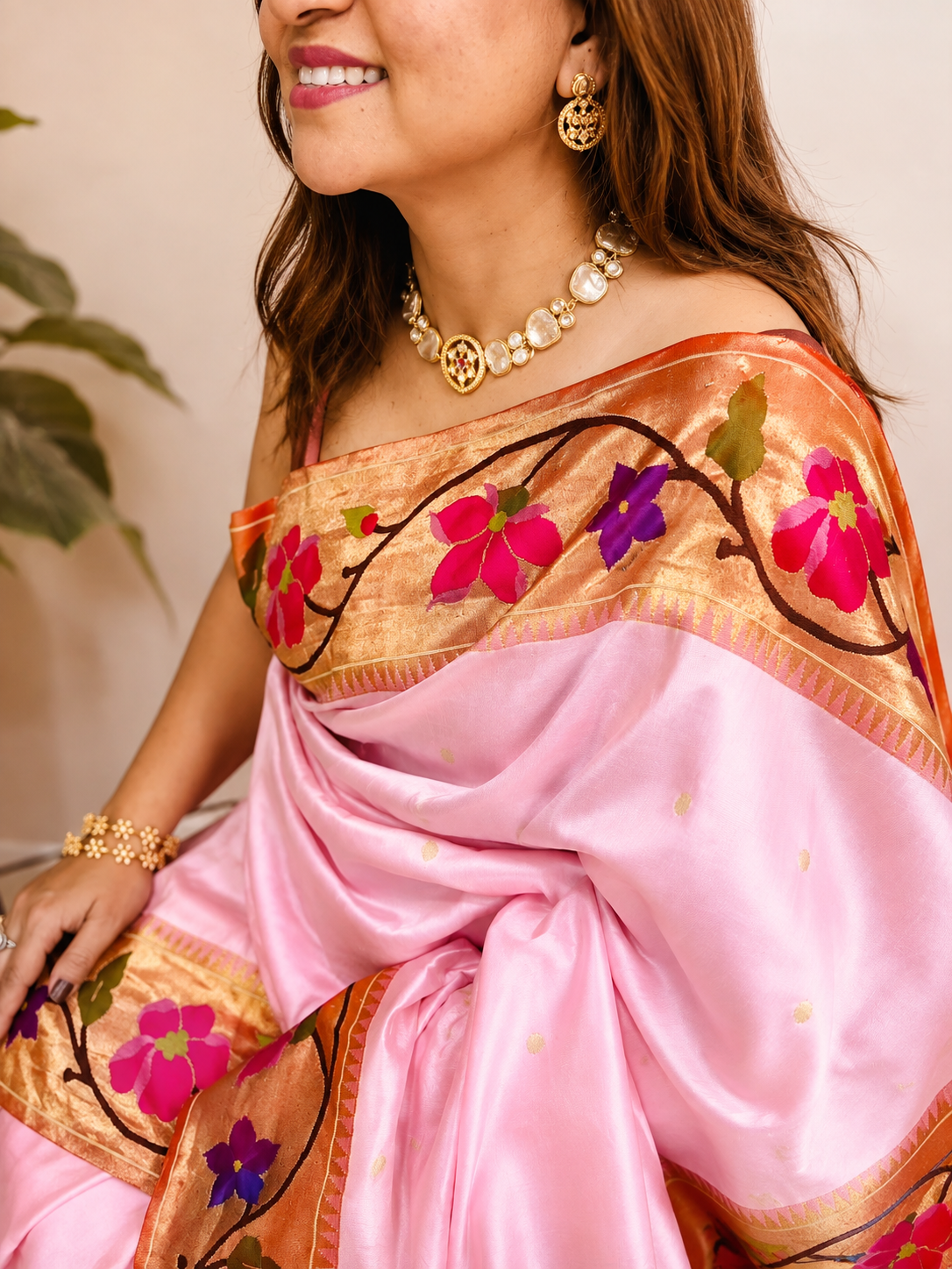 Pink Paithani Handloom Heirloom Pure Silk Saree Flower Design