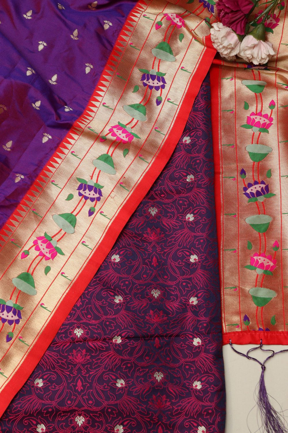 Purple Tanchui Banarasi Suit With Purple Paithani Silk Flower Design Dupatta - Luxurion World