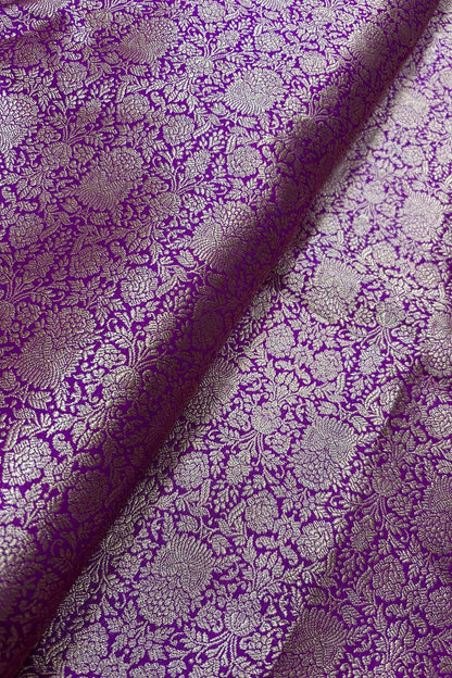 Luxurious Purple Handloom Banarasi Pure Katan Silk Brocade Double Zari Fabric ( 1 Mtr ) - Luxurion World