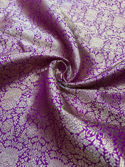 Luxurious Purple Handloom Banarasi Pure Katan Silk Brocade Double Zari Fabric ( 1 Mtr ) - Luxurion World