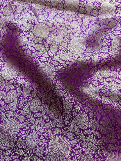 Luxurious Purple Handloom Banarasi Pure Katan Silk Brocade Double Zari Fabric ( 1 Mtr ) - Luxurion World