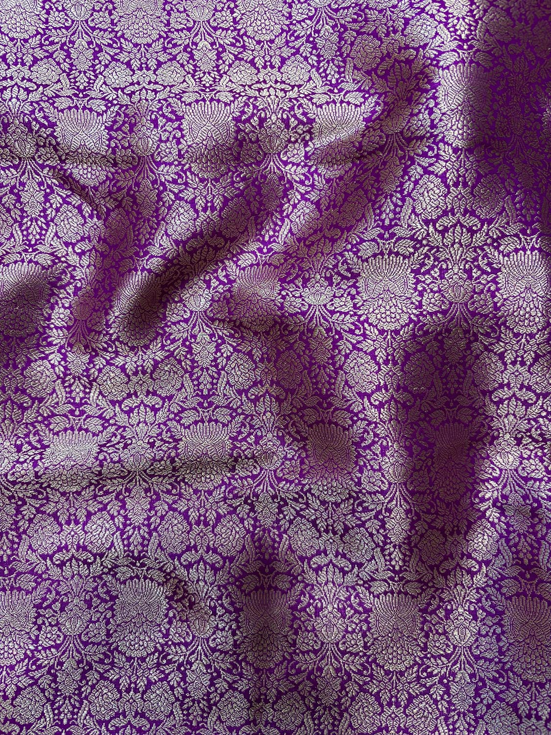 Luxurious Purple Handloom Banarasi Pure Katan Silk Brocade Double Zari Fabric ( 1 Mtr ) - Luxurion World