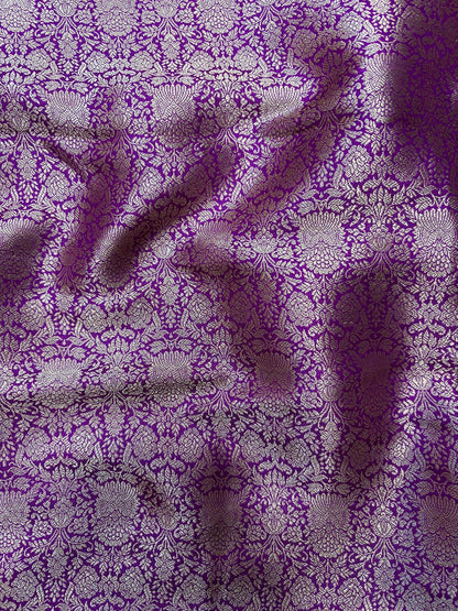 Luxurious Purple Handloom Banarasi Pure Katan Silk Brocade Double Zari Fabric ( 1 Mtr ) - Luxurion World