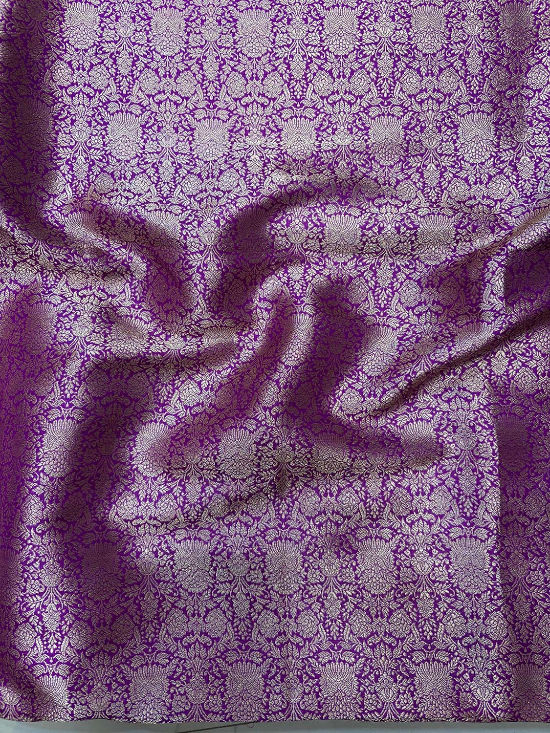 Luxurious Purple Handloom Banarasi Pure Katan Silk Brocade Double Zari Fabric ( 1 Mtr ) - Luxurion World