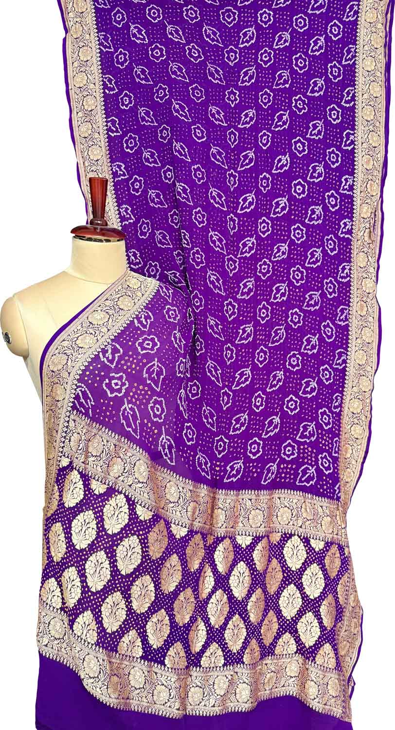 Purple Banarasi Bandhani Pure Georgette Neemzari Saree