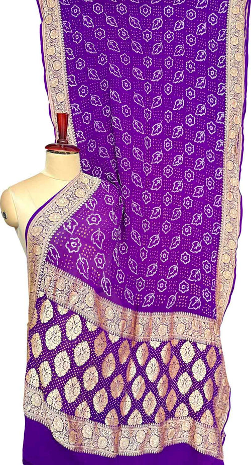 Purple Banarasi Bandhani Pure Georgette Neemzari Saree