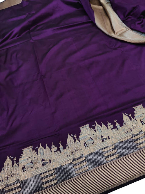 Purple Banarasi Handloom Pure Katan Silk Ghat Design Saree