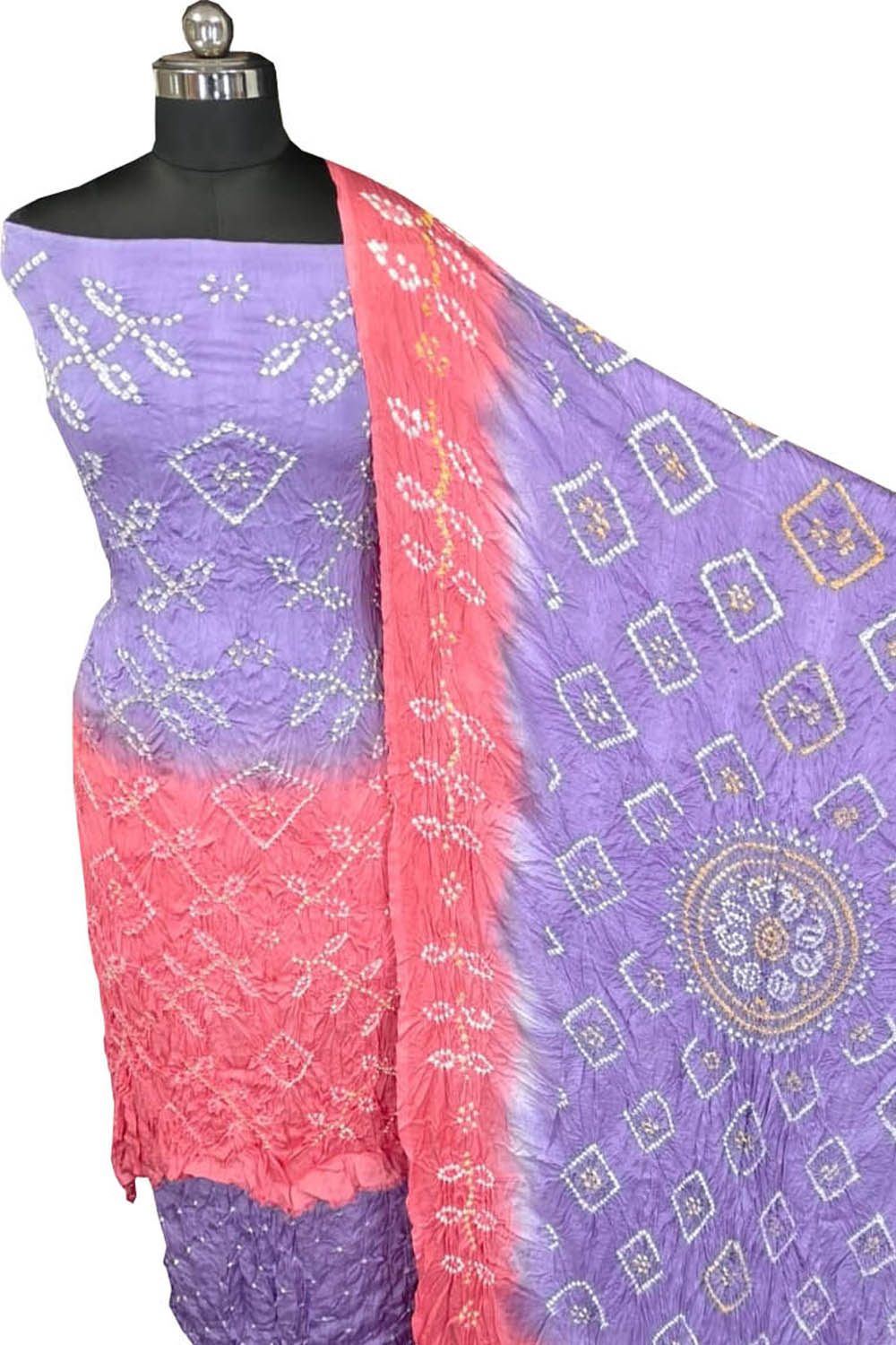 Purple Bandhani Modak Silk Three Piece Unstitched Suit Set