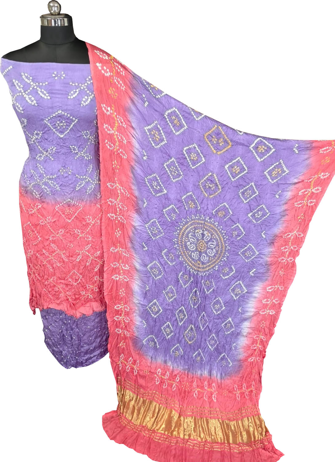 Purple Bandhani Modak Silk Three Piece Unstitched Suit Set