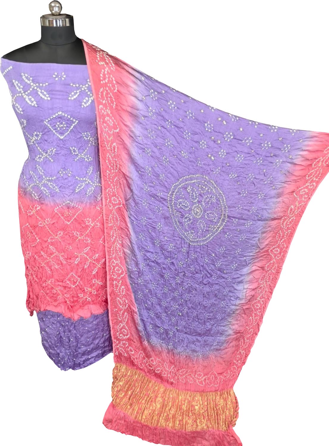 Purple Bandhani Modak Silk Three Piece Unstitched Suit Set
