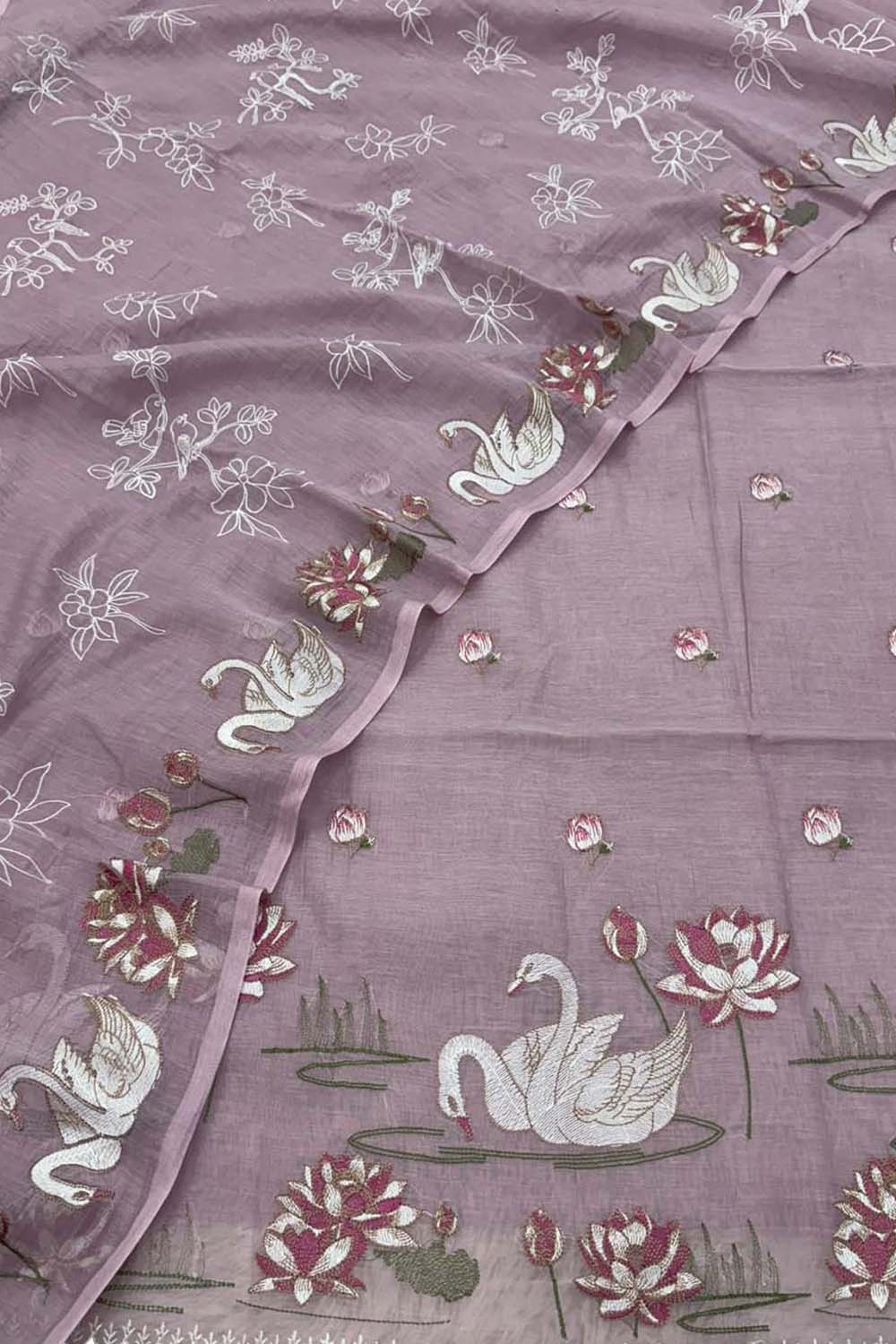 Purple Parsi Gara Cotton Suit — Embroidered Swan Design, Occasion