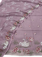 Purple Parsi Gara Cotton Suit — Embroidered Swan Design, Occasion