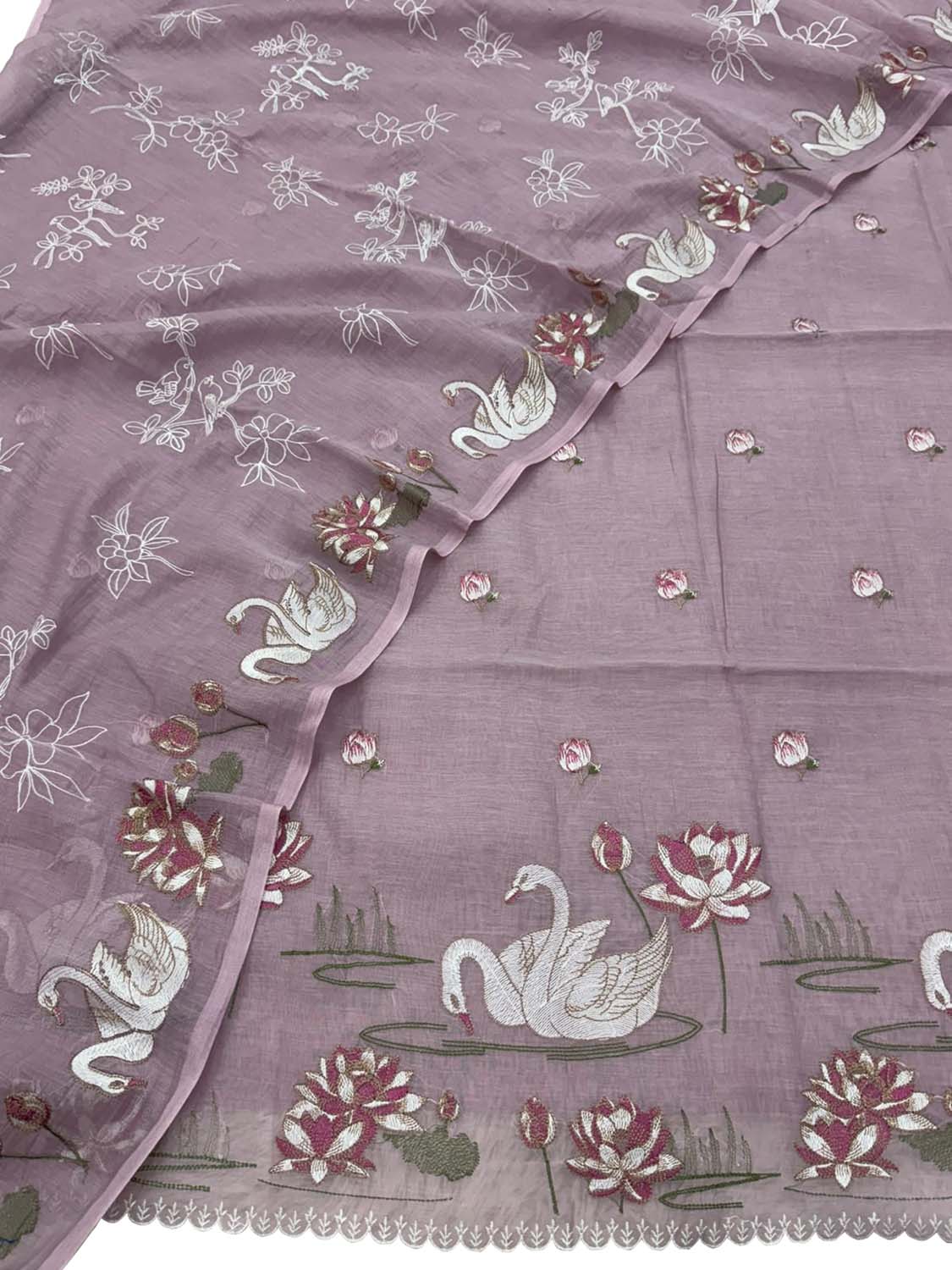 Purple Parsi Gara Cotton Suit — Embroidered Swan Design, Occasion