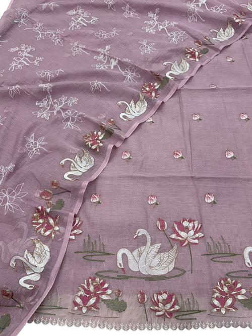 Purple Parsi Gara Cotton Suit — Embroidered Swan Design, Occasion