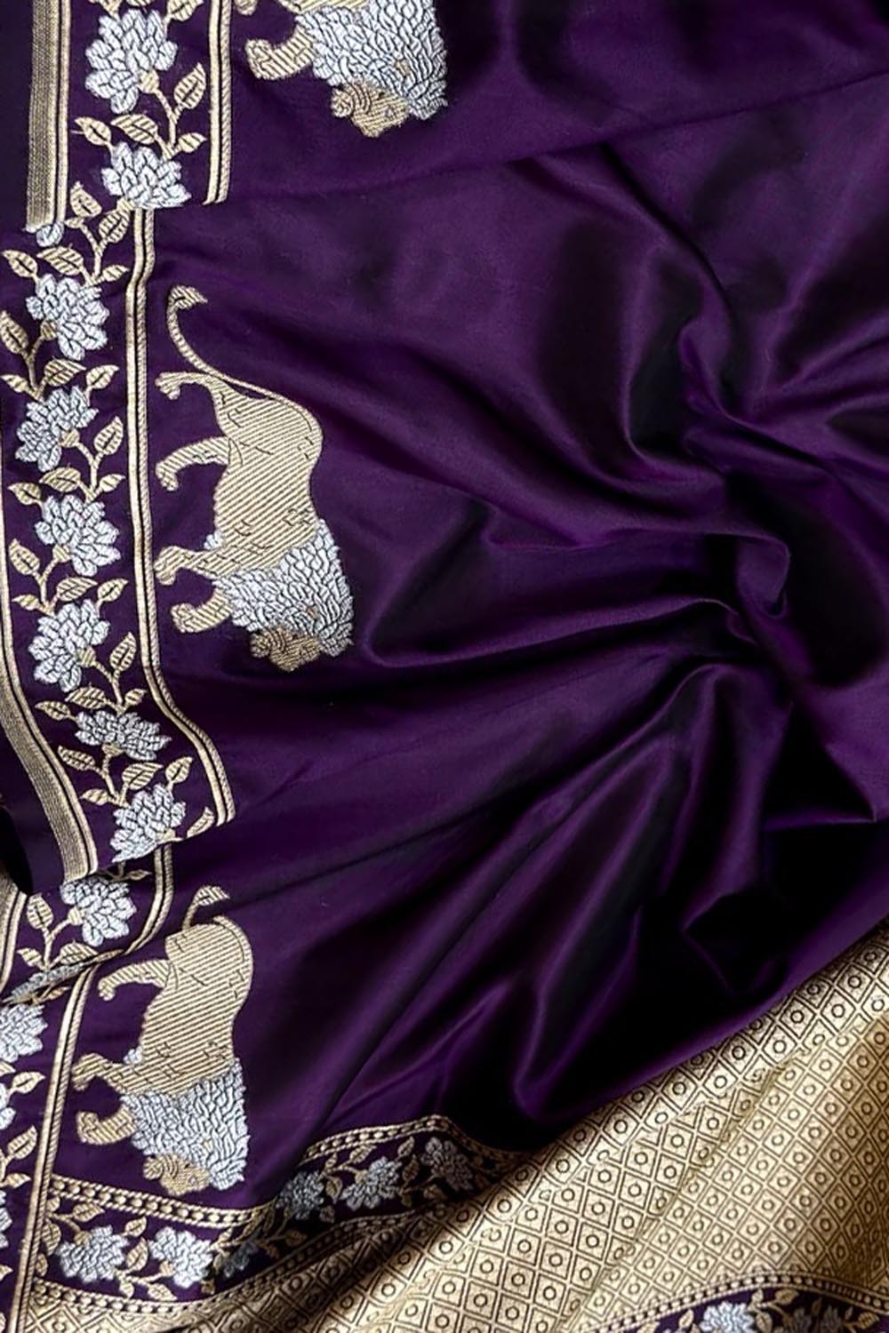 Purple Handloom Banarasi Pure Katan Silk Sona Roopa Lion Design Saree