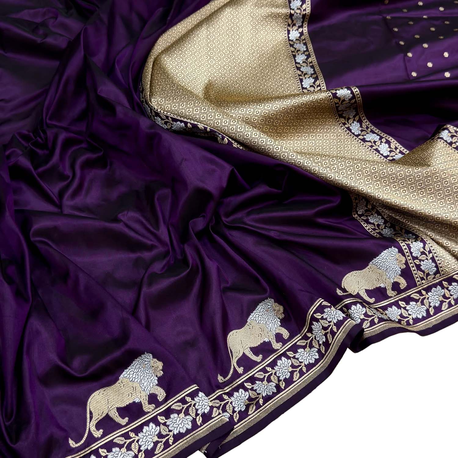 Purple Handloom Banarasi Pure Katan Silk Sona Roopa Lion Design Saree