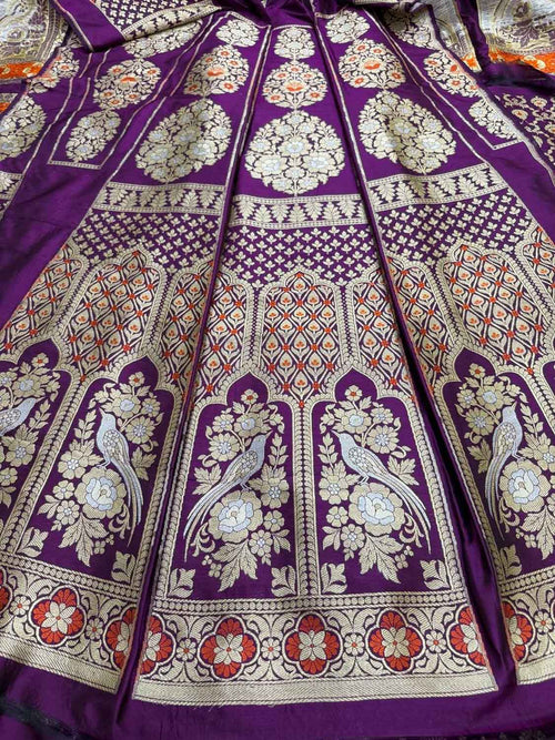 Purple Handloom Banarasi Pure Katan Silk Unstitched Lehenga Set
