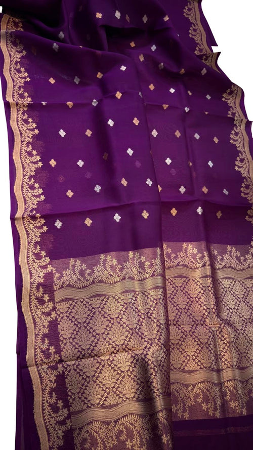 Purple Handloom Banarasi Pure Kora Organza Saree