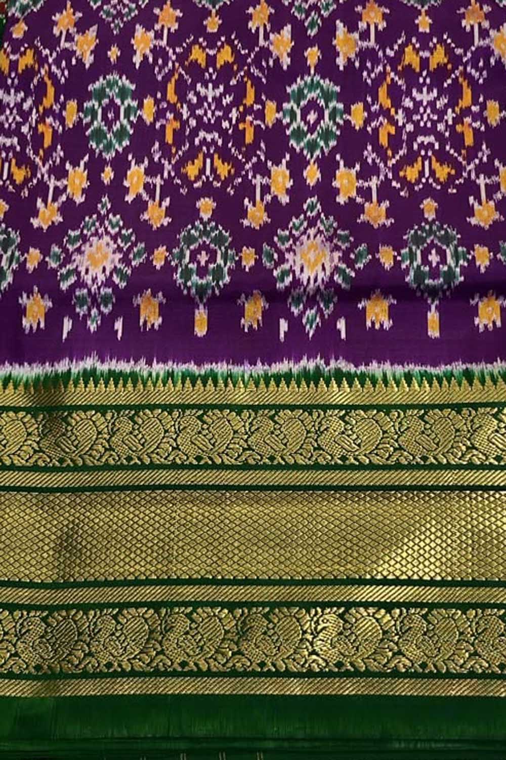 Purple Ikat Pure Silk Saree Handloom Woven Kanjeevaram Border