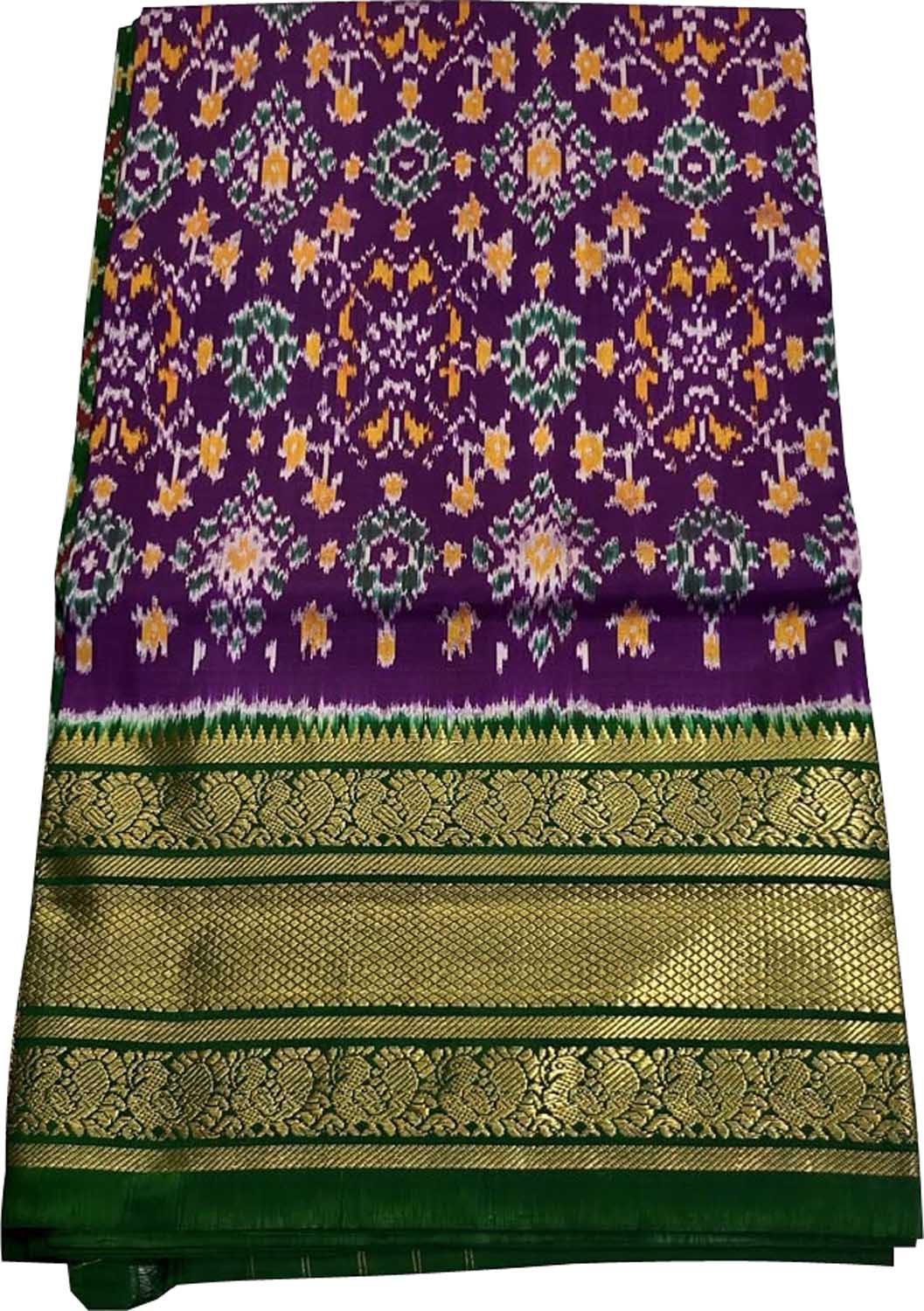 Purple Ikat Pure Silk Saree Handloom Woven Kanjeevaram Border