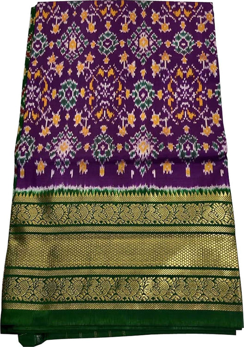 Purple Ikat Pure Silk Saree Handloom Woven Kanjeevaram Border