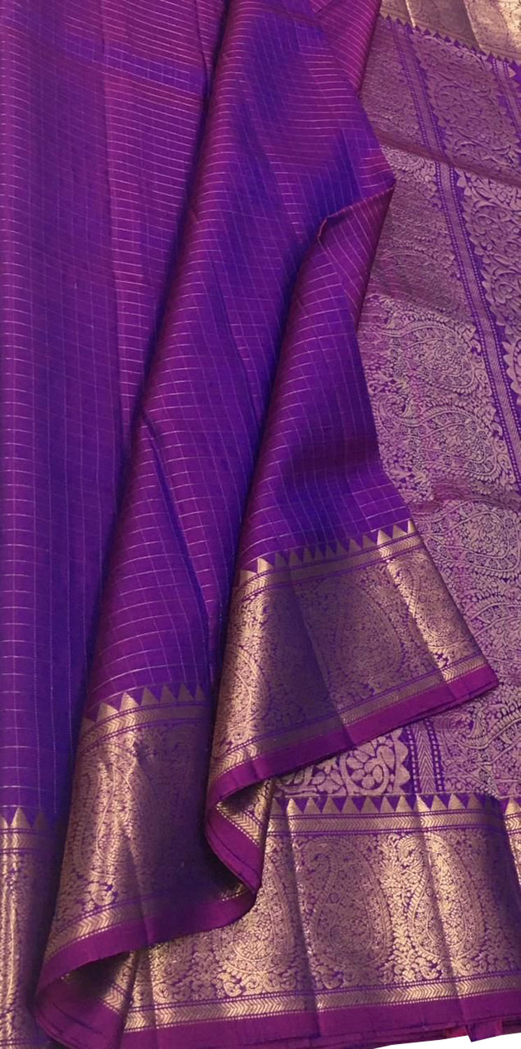 Purple Handloom Kanjeevaram Pure Silk Saree — Hamsa Bird Zari Border, Bridal