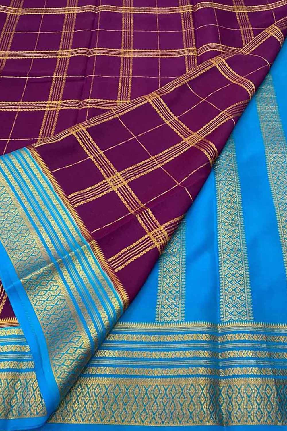 Purple Mysore Crepe Silk Checks Saree — Handloom Weave, Festive