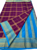 Purple Mysore Crepe Silk Checks Saree — Handloom Weave, Festive