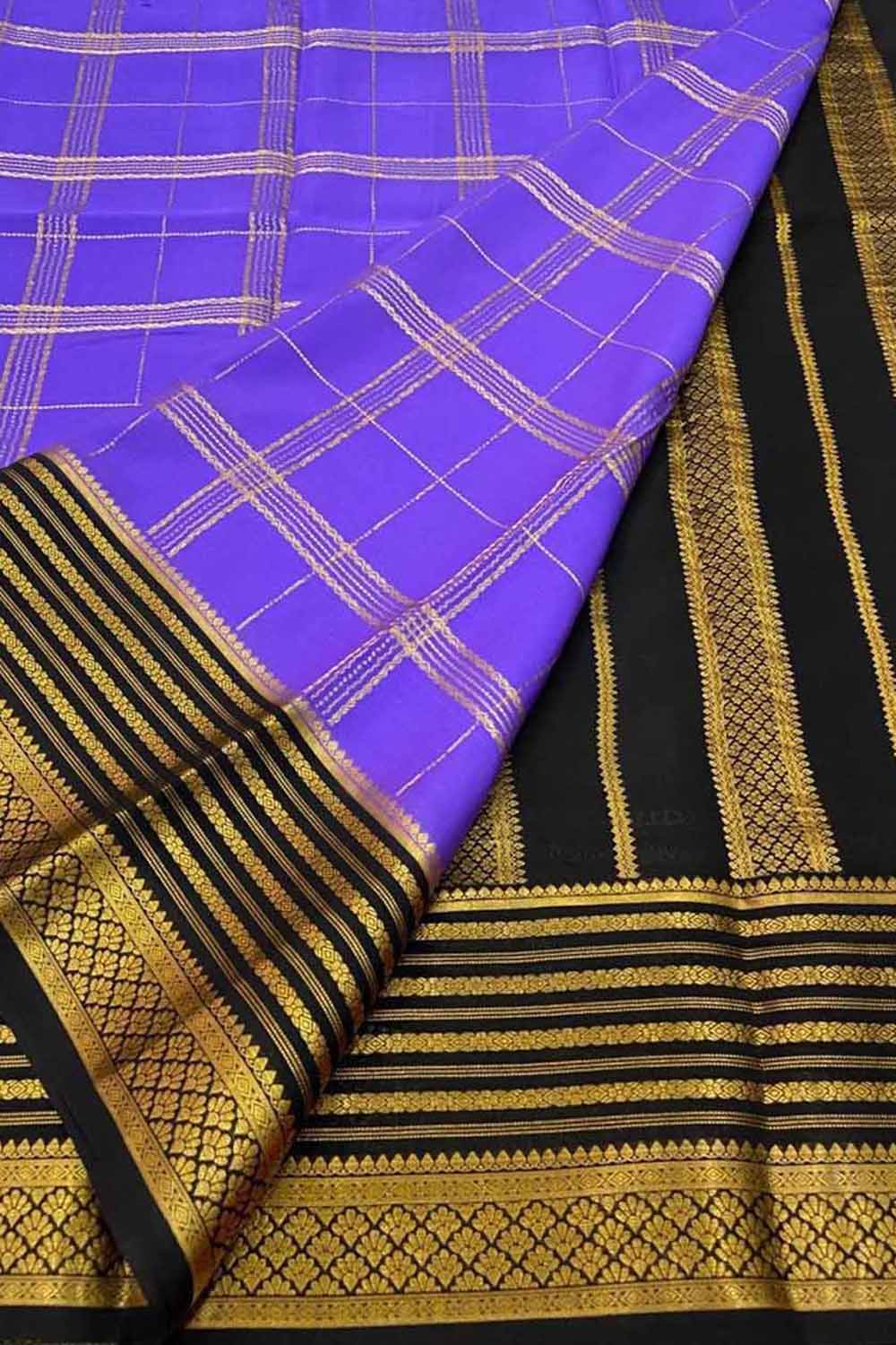 Purple Mysore Crepe Silk Checks Saree — Handloom Weave, Occasions