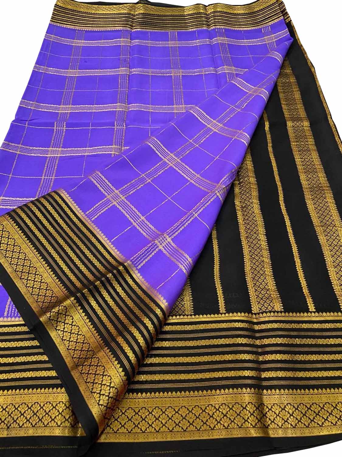 Purple Mysore Crepe Silk Checks Saree — Handloom Weave, Occasions