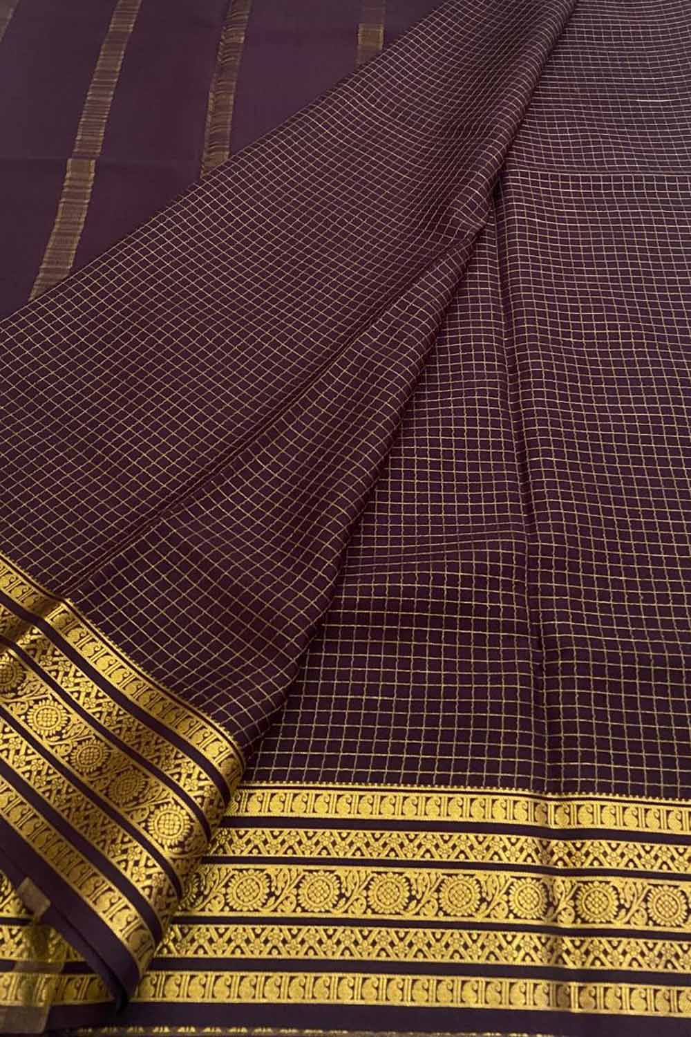 Purple Handloom Mysore Pure Crepe Silk Checks Design Saree