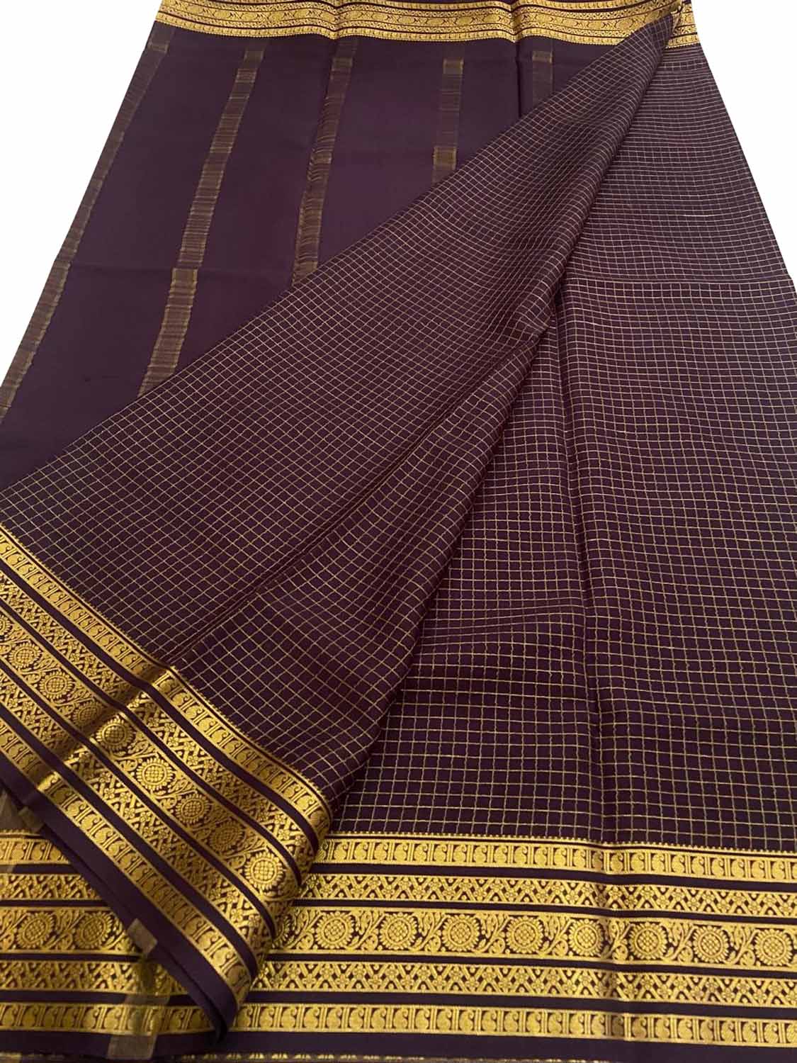 Purple Handloom Mysore Pure Crepe Silk Checks Design Saree