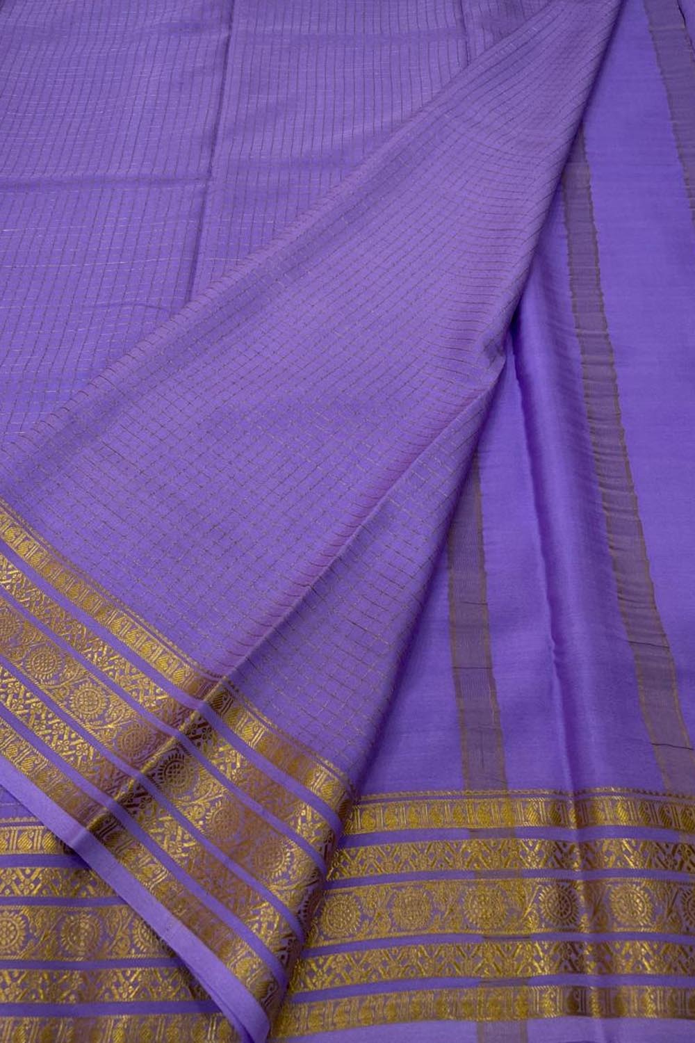 Purple Handloom Mysore Pure Crepe Silk Checks Design Saree