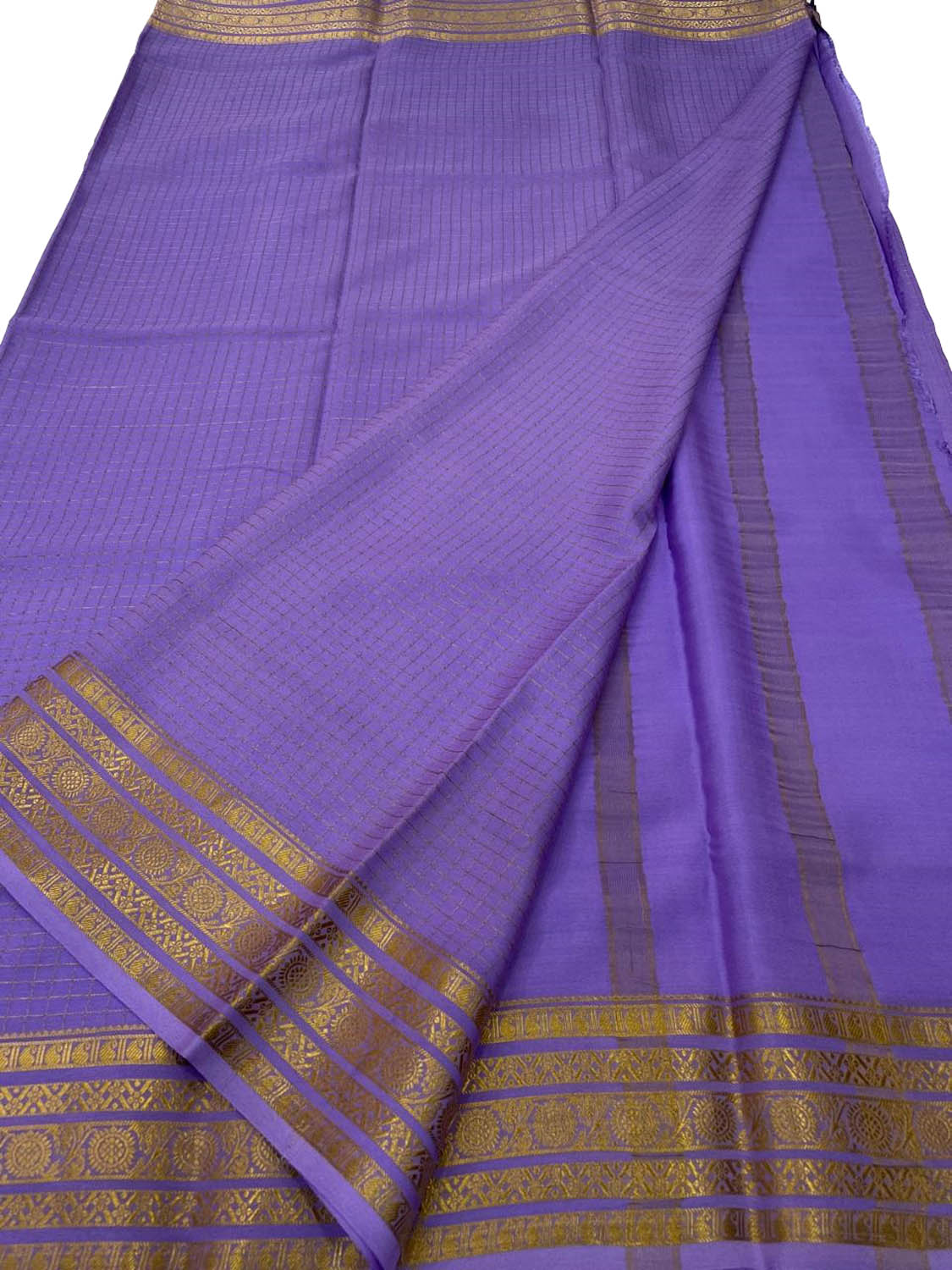 Purple Handloom Mysore Pure Crepe Silk Checks Design Saree