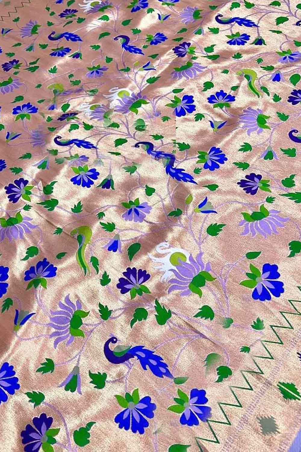 Purple Paithani Silk Peacock & Flower Design Fabric