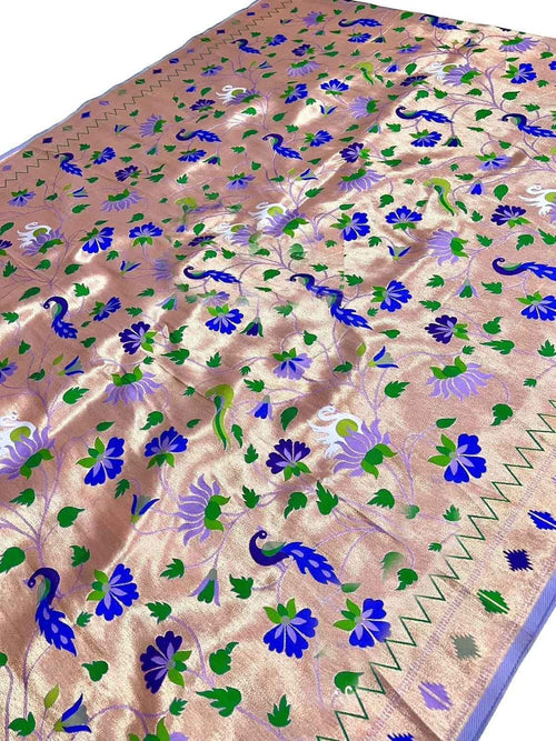 Purple Paithani Silk Peacock & Flower Design Fabric