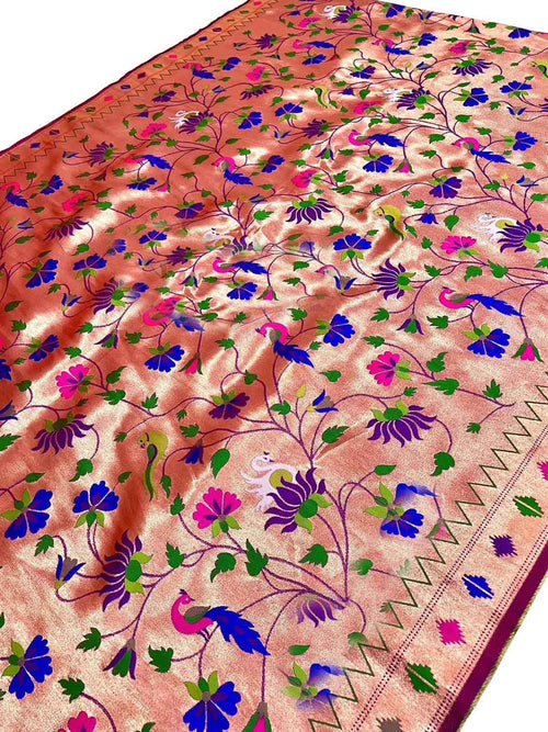 Purple Paithani Silk Peacock & Flower Design Fabric