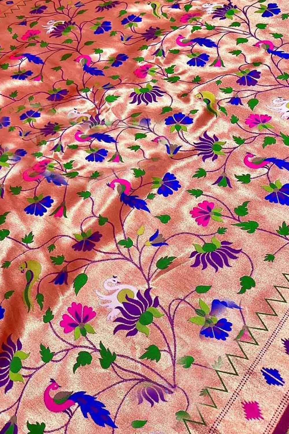 Purple Paithani Silk Peacock & Flower Design Fabric