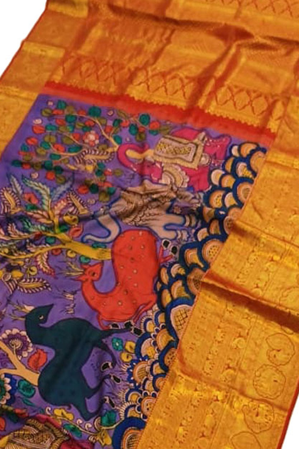 Purple Kanjeevaram Pure Silk Saree Hand Painted Kalamkari Festive
