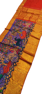 Purple Kanjeevaram Pure Silk Saree Hand Painted Kalamkari Festive