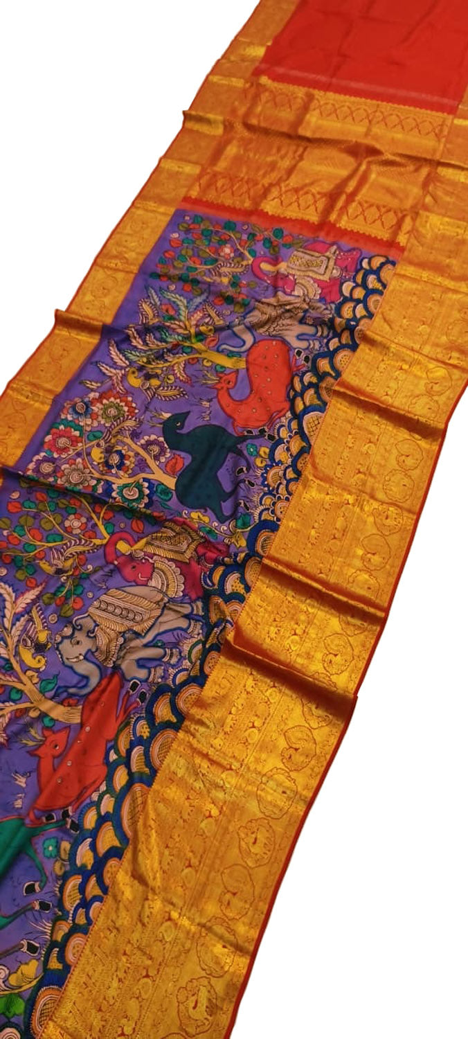 Purple Kanjeevaram Pure Silk Saree Hand Painted Kalamkari Festive