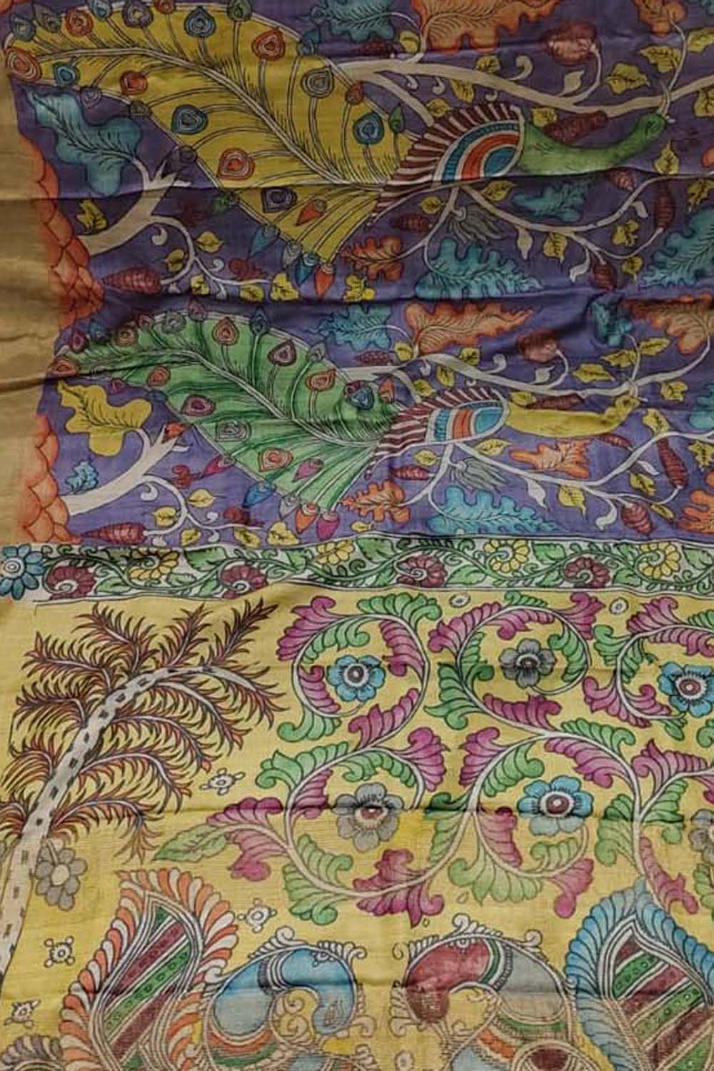 Purple Pure Tussar Silk Hand Painted Kalamkari Saree
