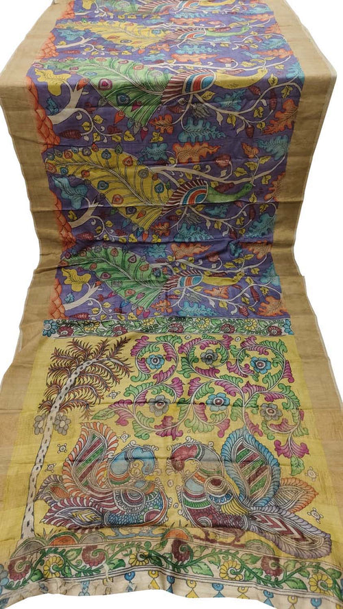 Purple Pure Tussar Silk Hand Painted Kalamkari Saree