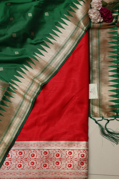 Red satin Silk Banarasi Suit with Paithani Silk Dupatta IS4B1260207007