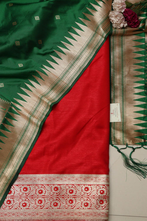 Red satin Silk Banarasi Suit with Paithani Silk Dupatta - Luxurion World