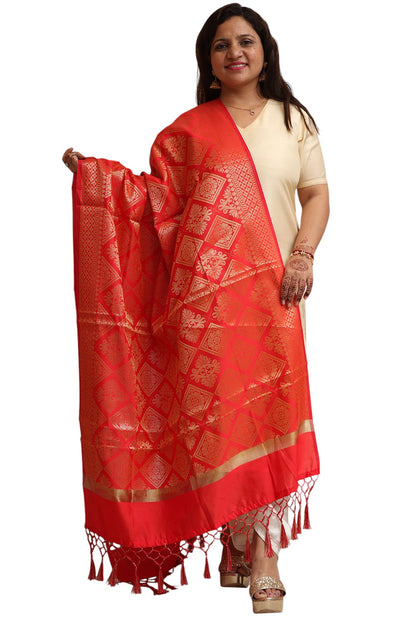 Red Banarasi Silk Dupatta - with a beautifully handcrafted matching tassel - Luxurion World