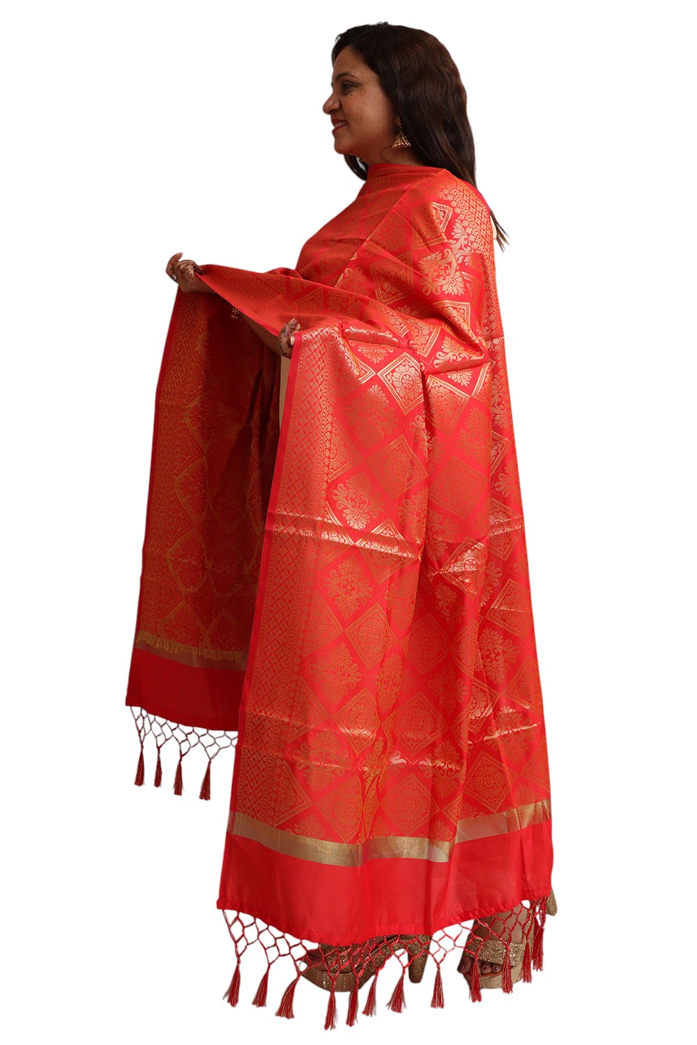Red Banarasi Silk Dupatta - with a beautifully handcrafted matching tassel - Luxurion World